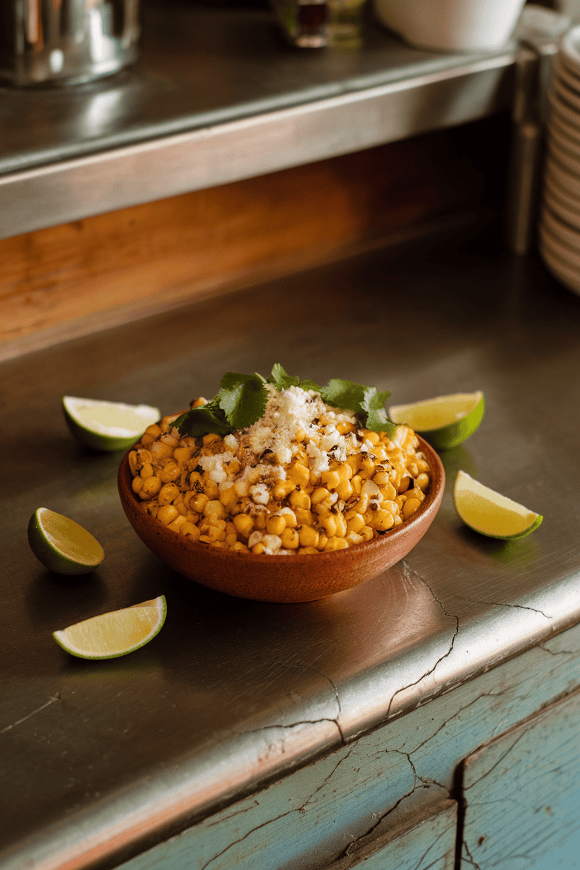 Warm indoor counter with a bowl of Mexican street-corn salad featuring charred kernels, cotija cheese, and cilantro, lime wedges on the side. No text or logos visible. Photo, not illustration.