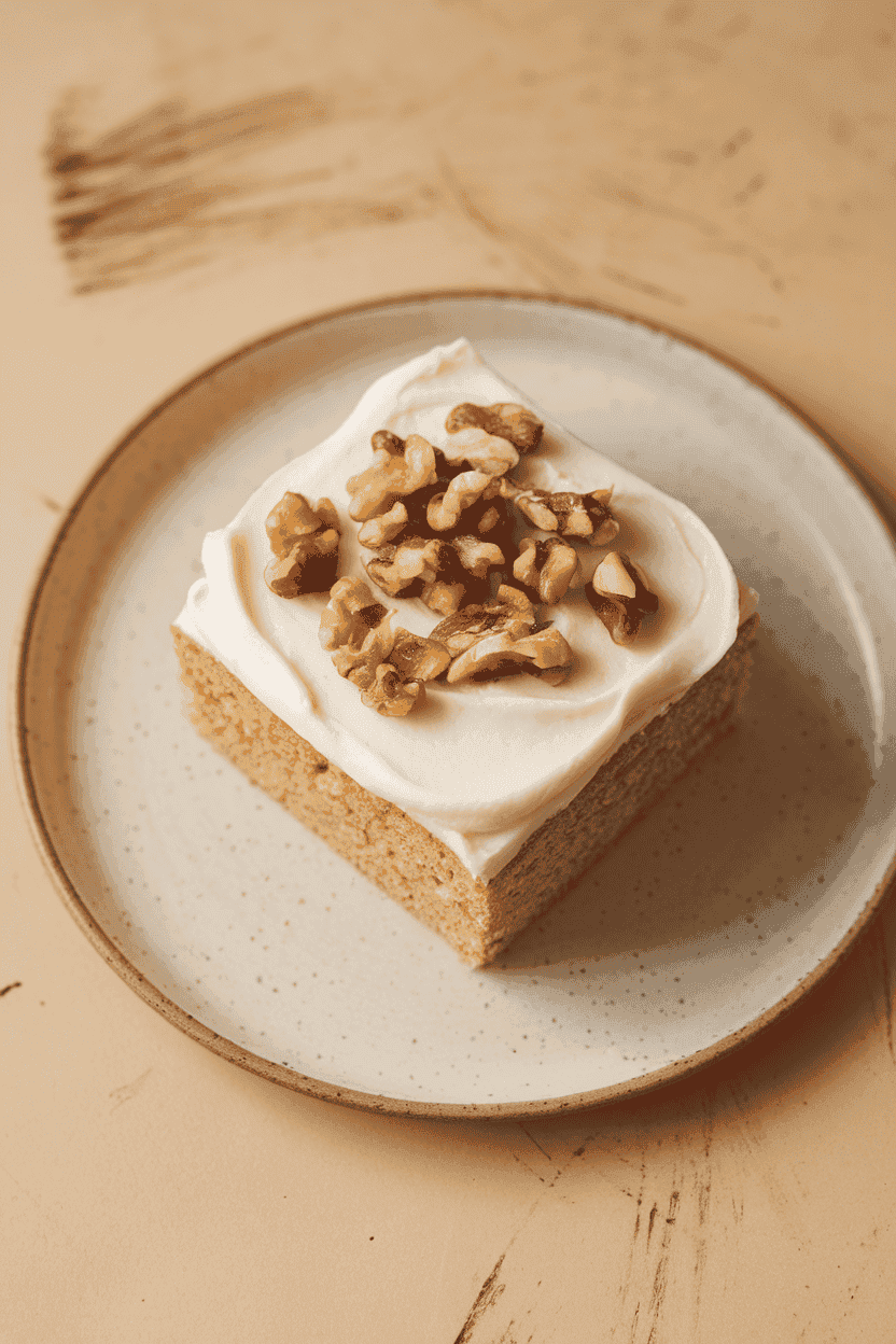 A simple indoor plate holding a square of banana cake topped with cream cheese frosting, a pinch of chopped walnuts sprinkled over. No text or logos present. Photo.
