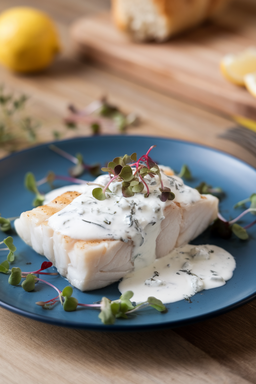 Indoor plate of cod topped with white goat cheese sauce flecked with herbs, microgreens sprinkled around. No text or logos.