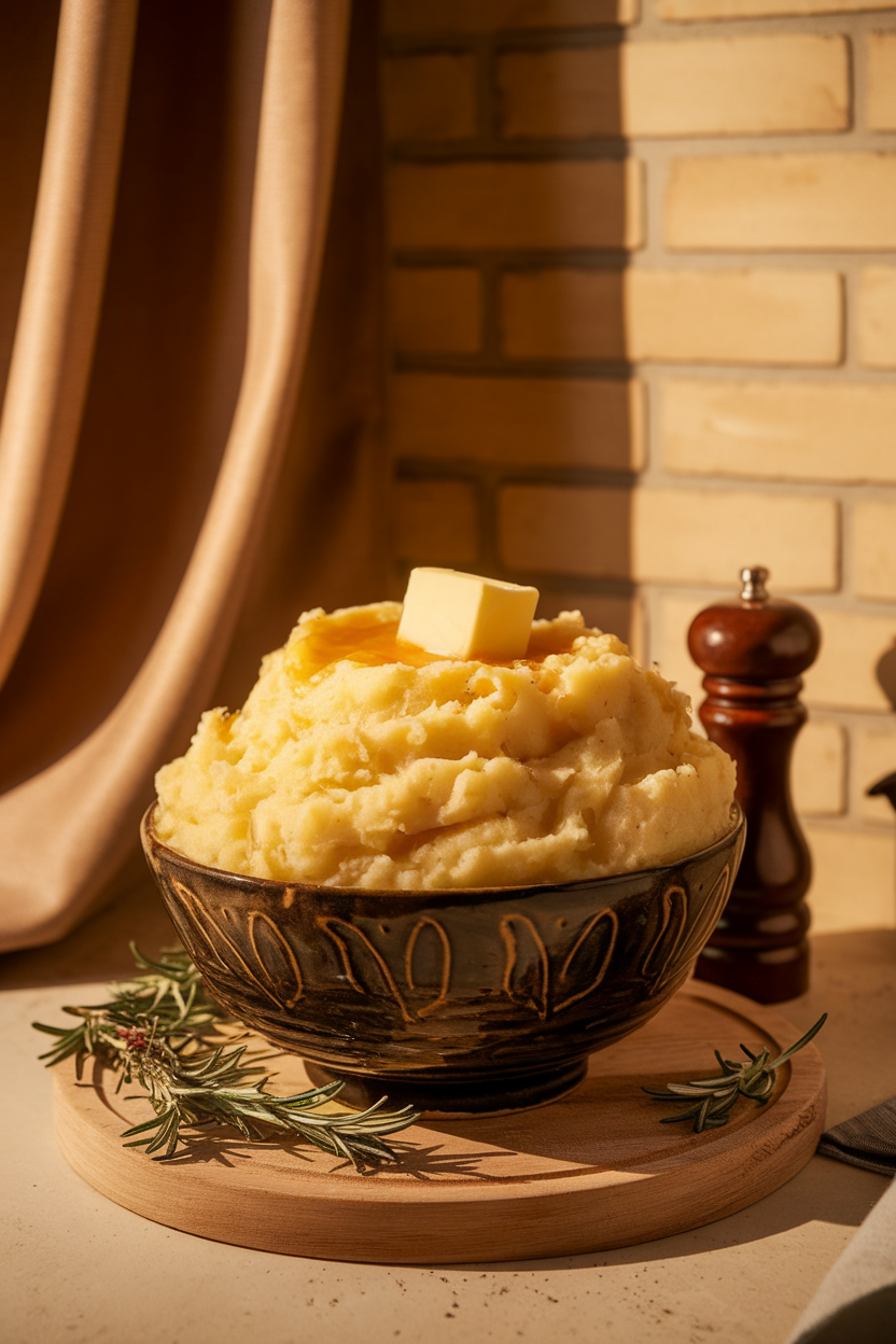 A large bowl of fluffy mashed potatoes topped with melting butter indoors under warm lighting, no text or logos. Photo.</Prompt