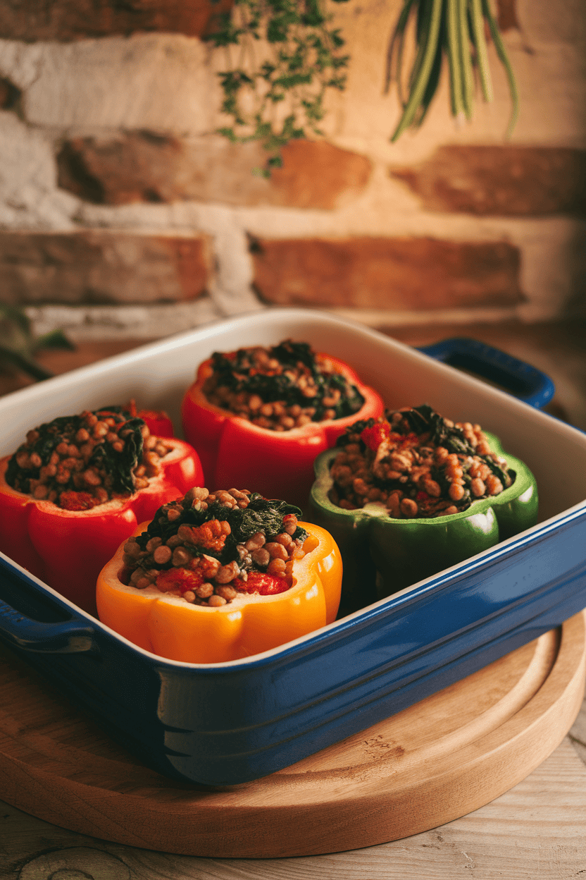A warmly lit indoor scene of halved bell peppers filled with a lentil, spinach, and tomato mixture in a ceramic baking dish. Photo only, no text or logos.