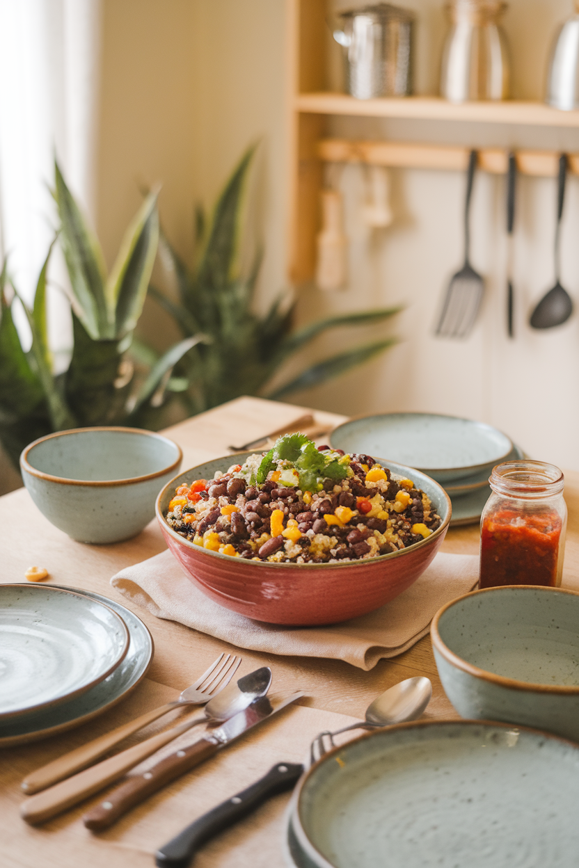 A warmly lit indoor photo of a colorful bowl of black bean quinoa salad on a wooden table, scattered with diced bell peppers, corn kernels, and cilantro. No text or logos anywhere in the scene.