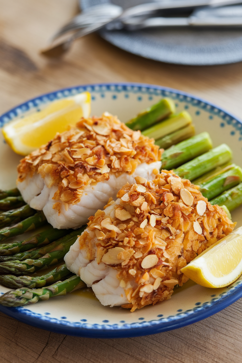 An indoor plate with baked cod fillets coated in a golden almond crust, served beside roasted asparagus spears and lemon wedges. No text or logos; photo only.