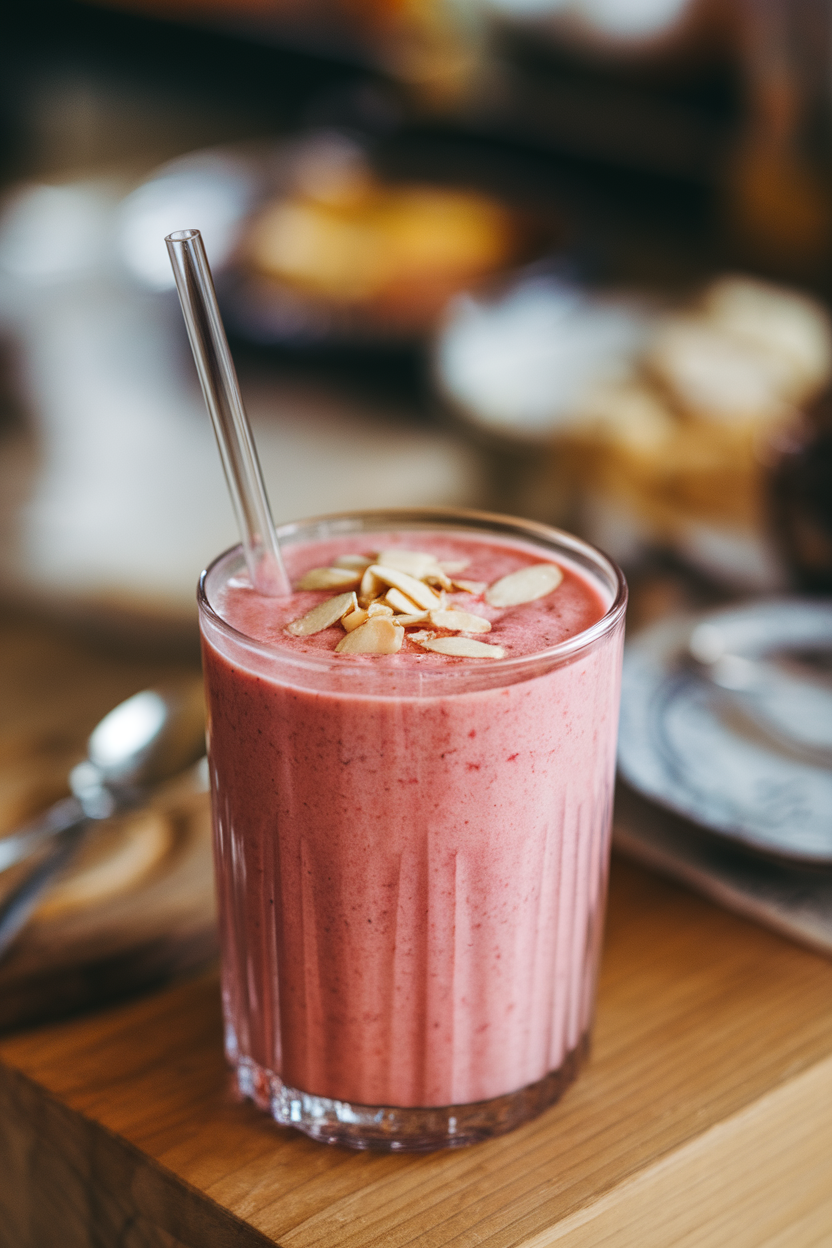 Indoor close-up of a pink strawberry smoothie in a clear glass, topped with sliced almonds. No text or logos.