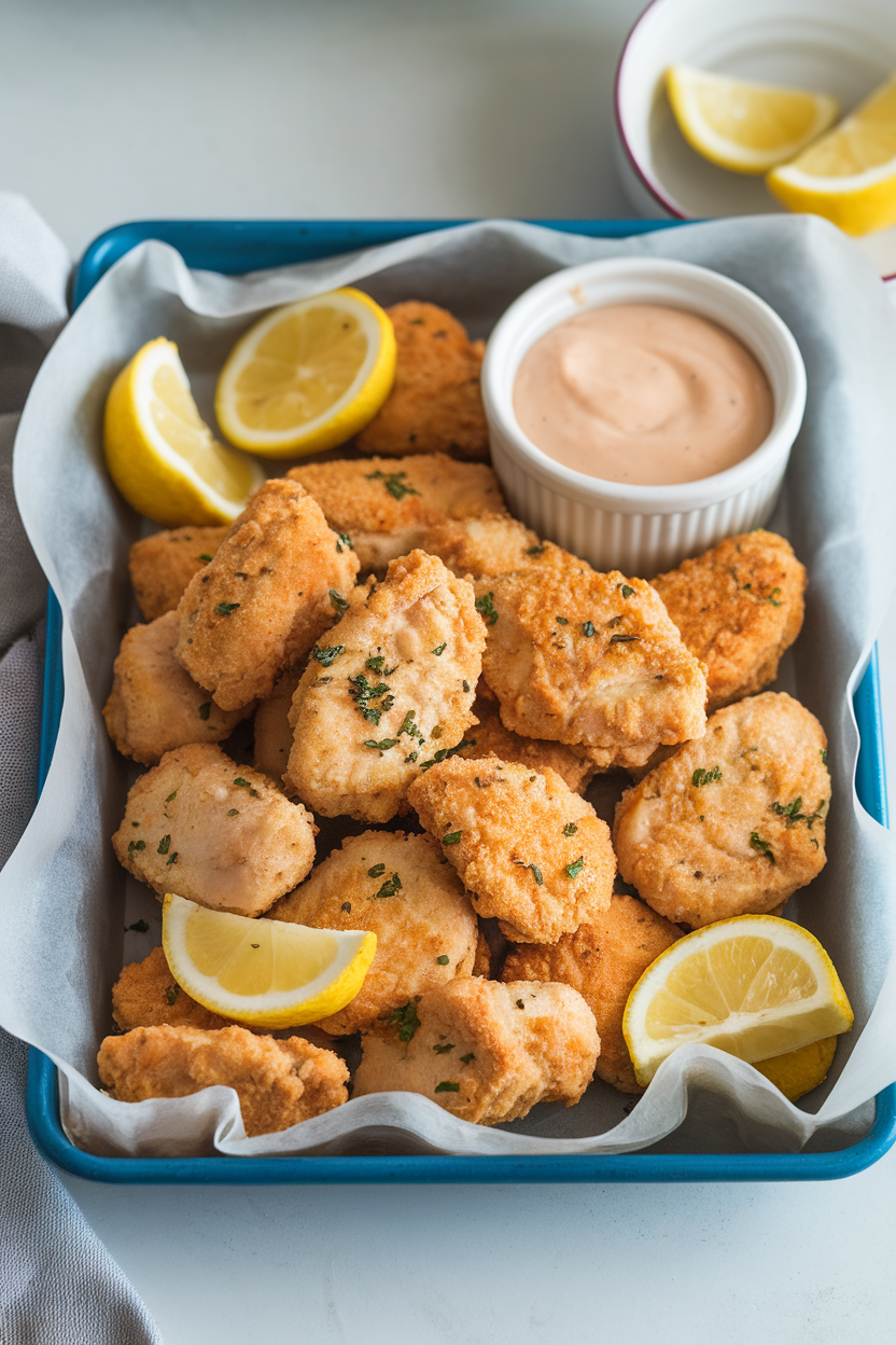 Indoor tray of baked lemon-pepper chicken nuggets with a ramekin of dipping sauce, no logos. Photo.