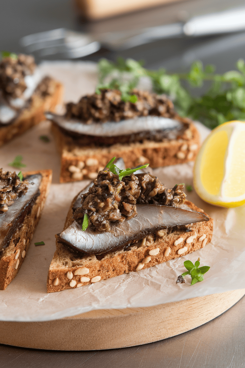Indoor scene of whole-grain toast triangles topped with sardines and a glossy black-olive tapenade, placed on wax paper. No branding visible.