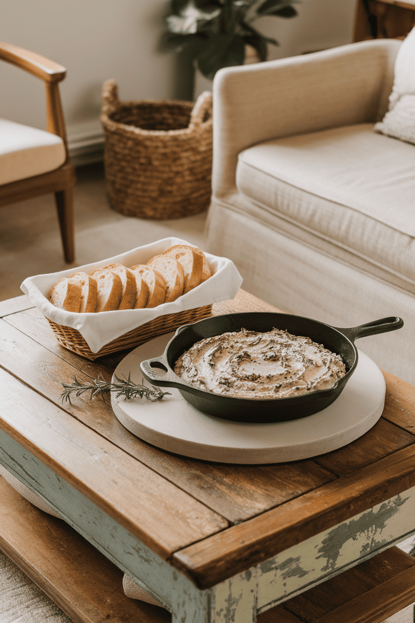 Photo of an indoor coffee table set with a cast-iron skillet of creamy spinach artichoke dip and a basket of sliced baguette. No text or logos anywhere.