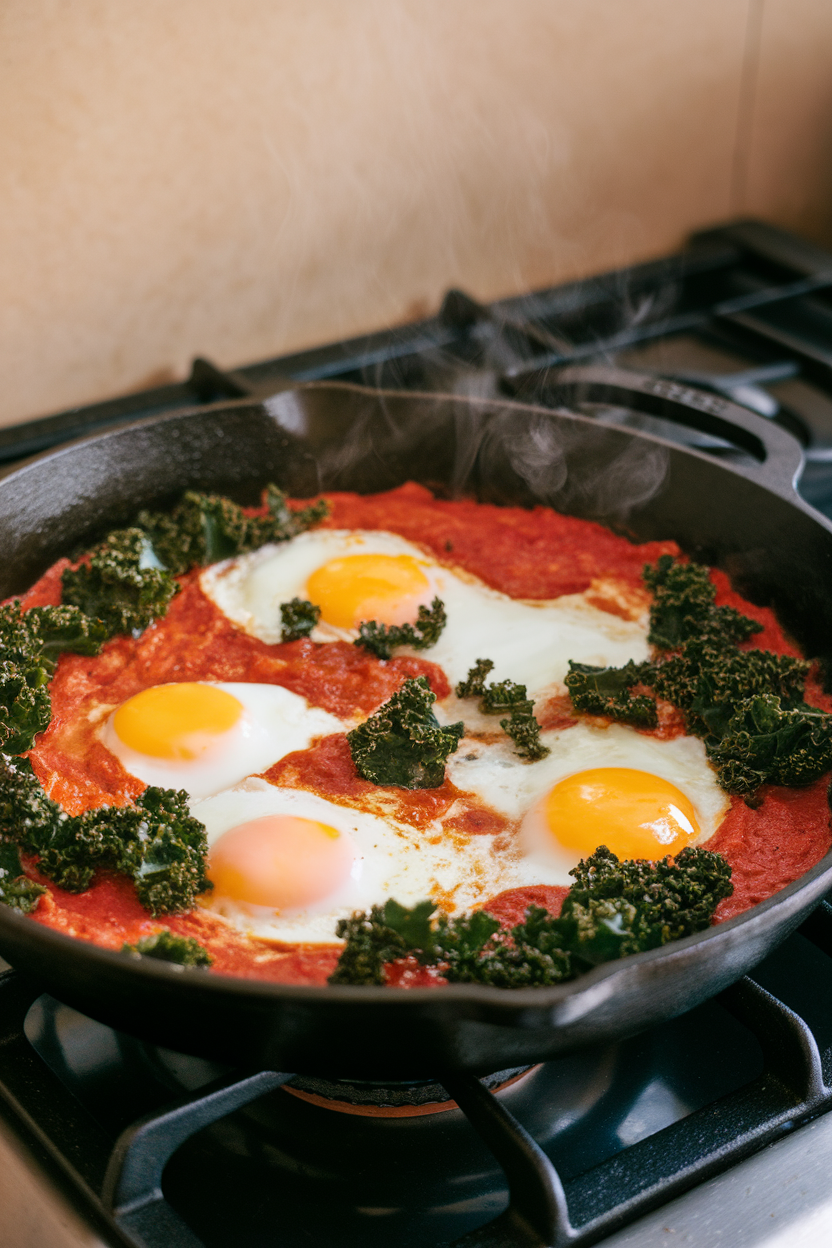 Photo of a cast-iron skillet of tomato-based shakshuka with eggs and dark green kale, steam rising, shot indoors on a stovetop. No text or logos anywhere.