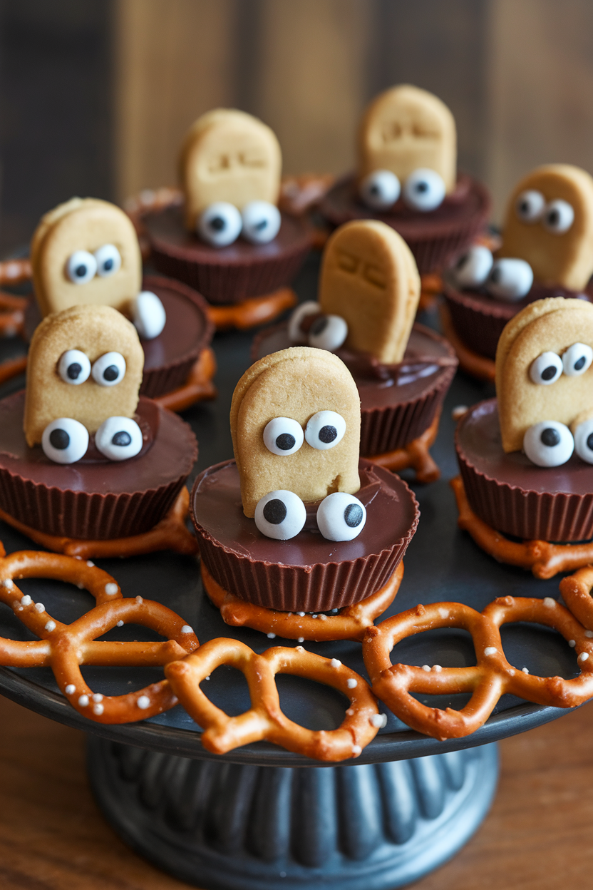 An indoor serving tray with peanut butter cups sandwiched between pretzels, topped with candy eyes and cookie “tombstones.” Photo only, no text or logos.