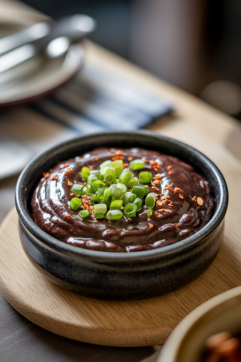 A softly lit indoor table showcasing a dark stoneware dish filled with glossy black bean dip garnished with chopped green onions. Photo, no text or logos.