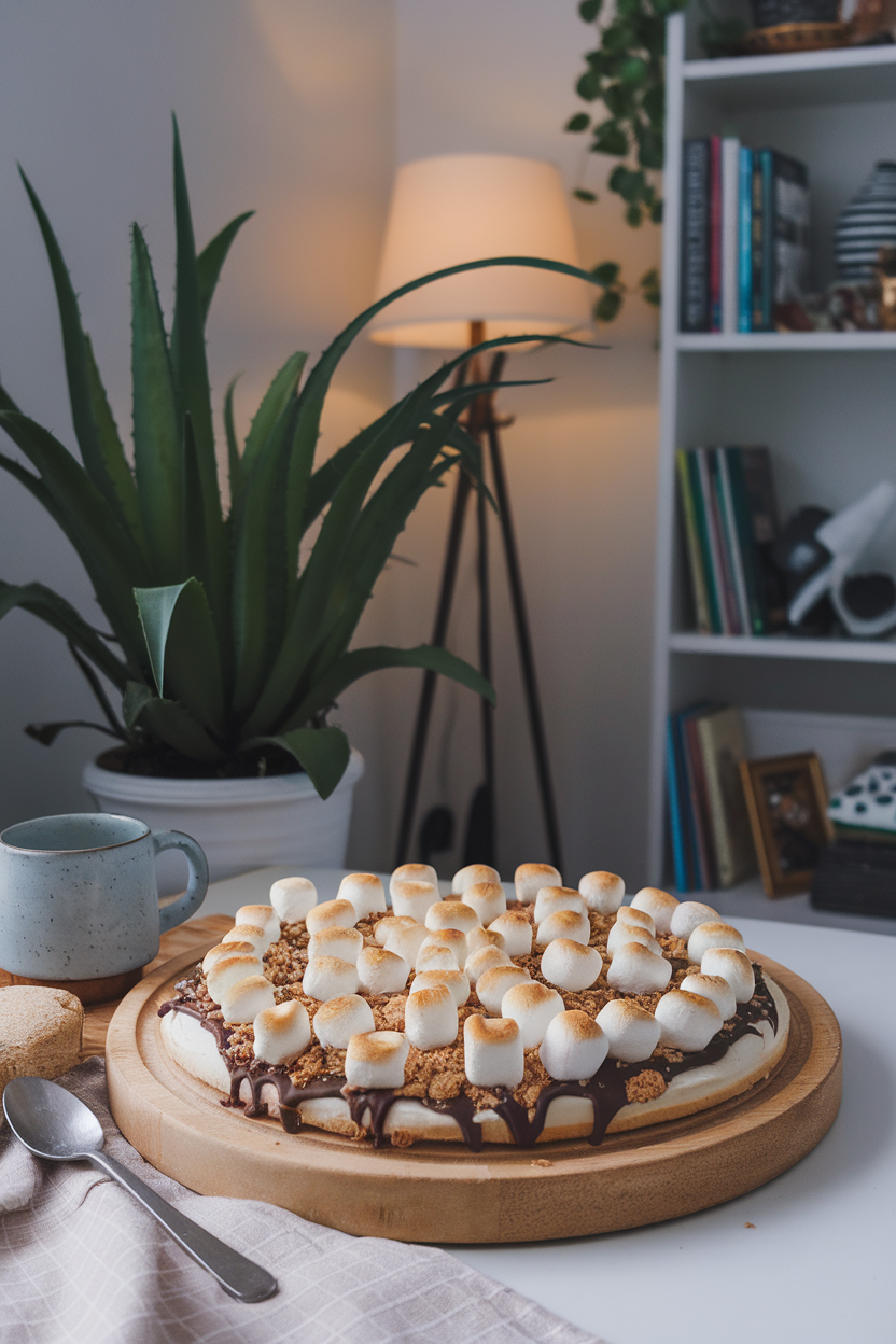 Cozy indoor scene of a dessert pizza topped with melted chocolate, toasted marshmallows blistered under broiler, and graham crumble. Photo only, no text or logos.