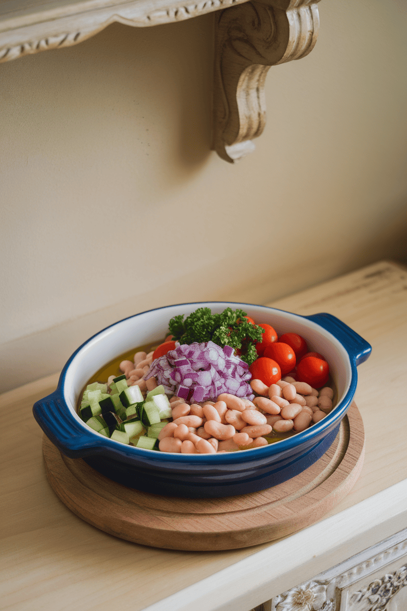 Indoor photo of cannellini beans, chopped cucumber, red onion, cherry tomatoes, parsley, and olive oil in a ceramic dish; no logos.