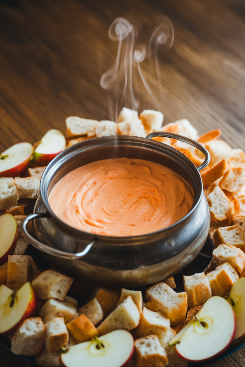 An indoor fondue pot filled with creamy orange cheese, steam curling upward, surrounded by cubed bread and apple slices. No text or logos visible. Photo, not illustration.
