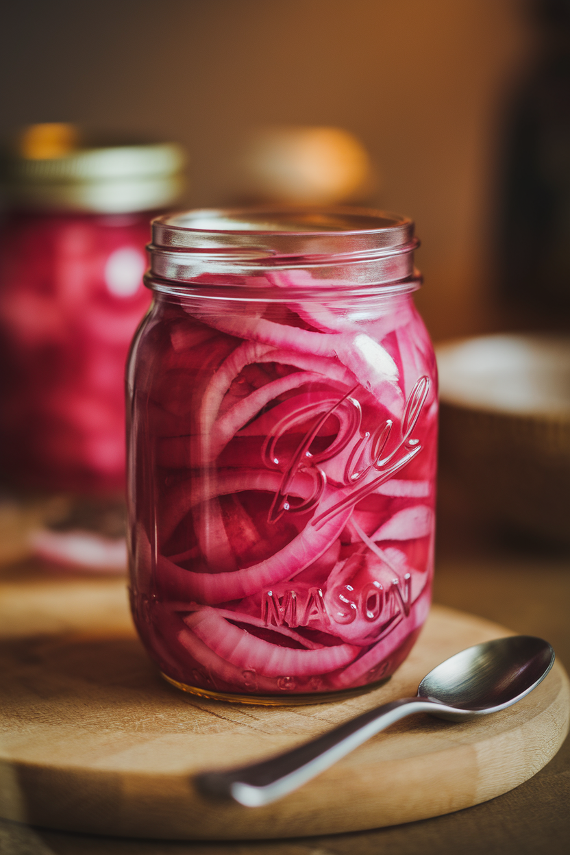 Indoor photo of a mason jar filled with vibrant pink pickled red onions, a small spoon resting nearby on a wooden board. No text or logos.