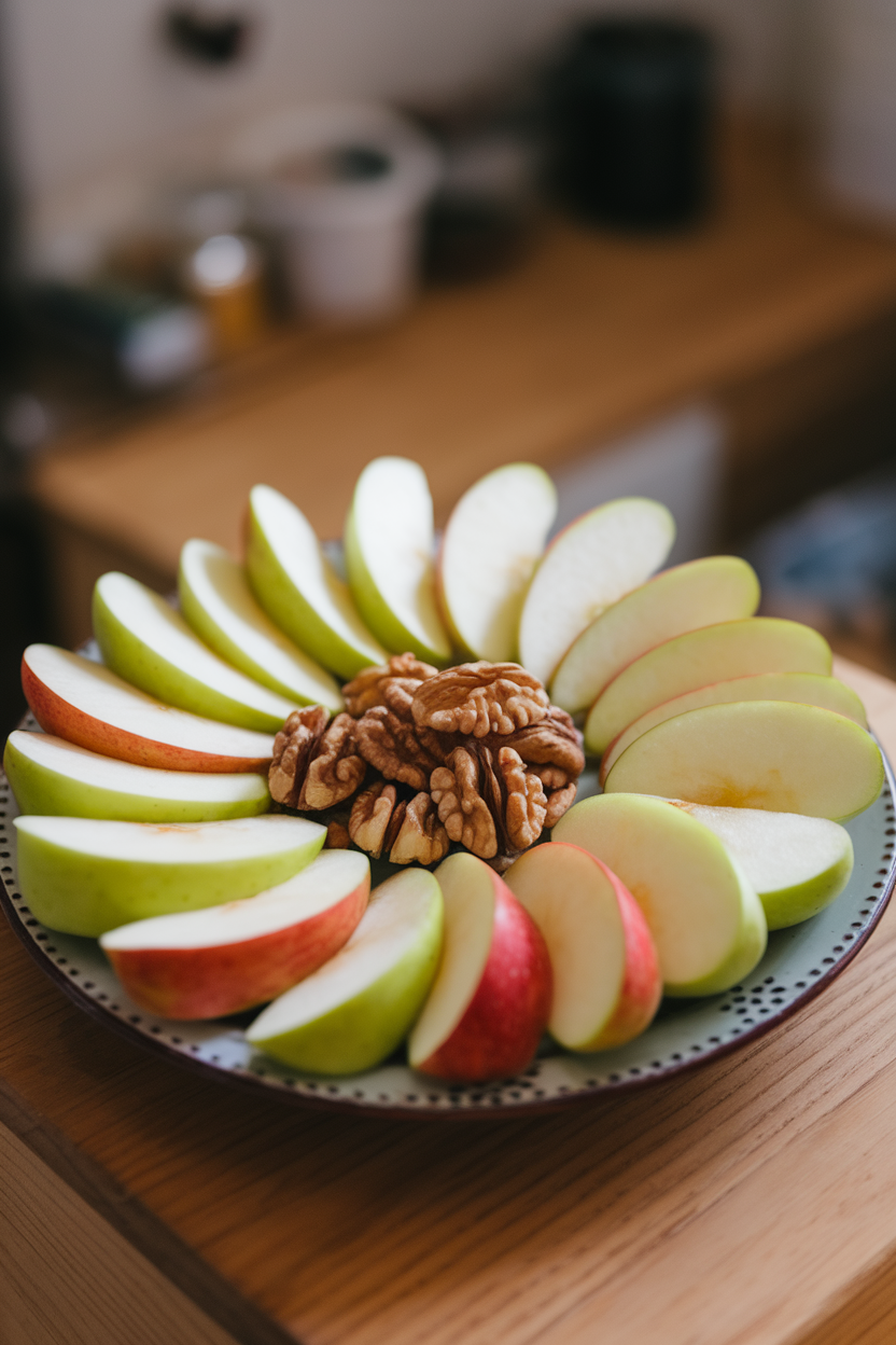 Indoor photo of sliced apple wedges arranged around a small pile of walnut halves on a plate; no text or logos