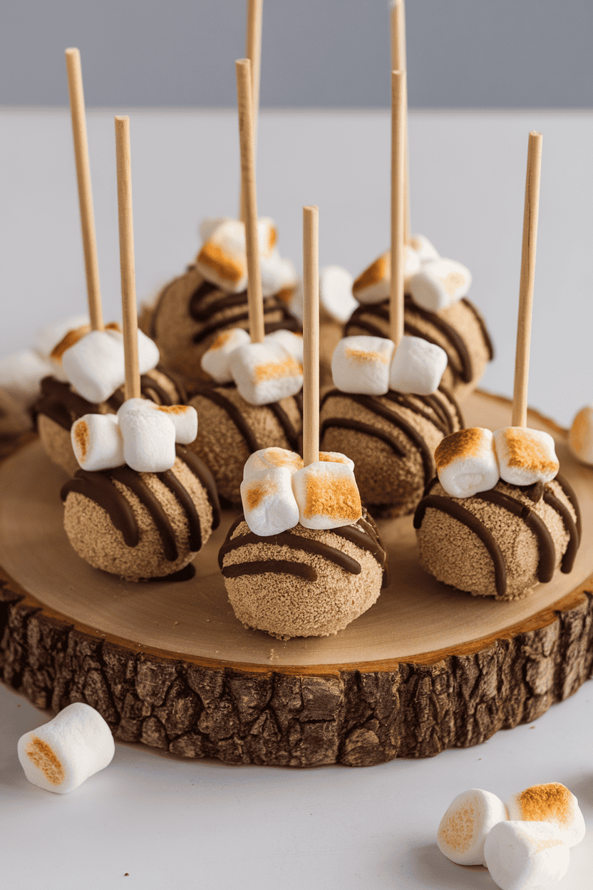 Graham-coated cake pops topped with toasted mini marshmallows and a drizzle of chocolate, staged indoors on a wooden slab; no logos or text. Photo.
