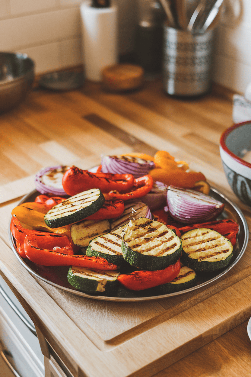 An indoor kitchen counter with a platter of assorted grilled zucchini, bell peppers, and red onions brushed with garlic herb oil, slight grill marks visible. No text or logos; photo only.