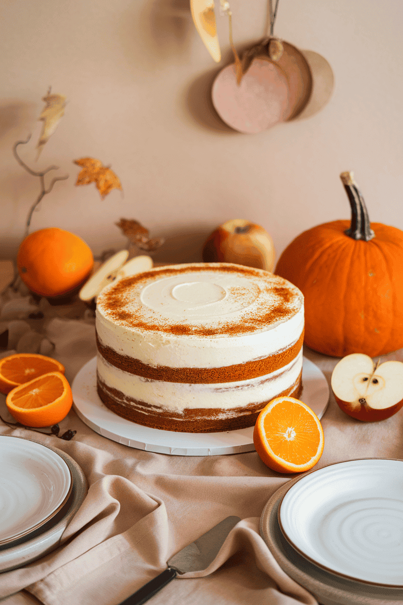 An indoor autumn-themed table featuring a three-layer cake frosted with cream cheese icing and sprinkled with chai spice blend. No text or logos. Photo.
