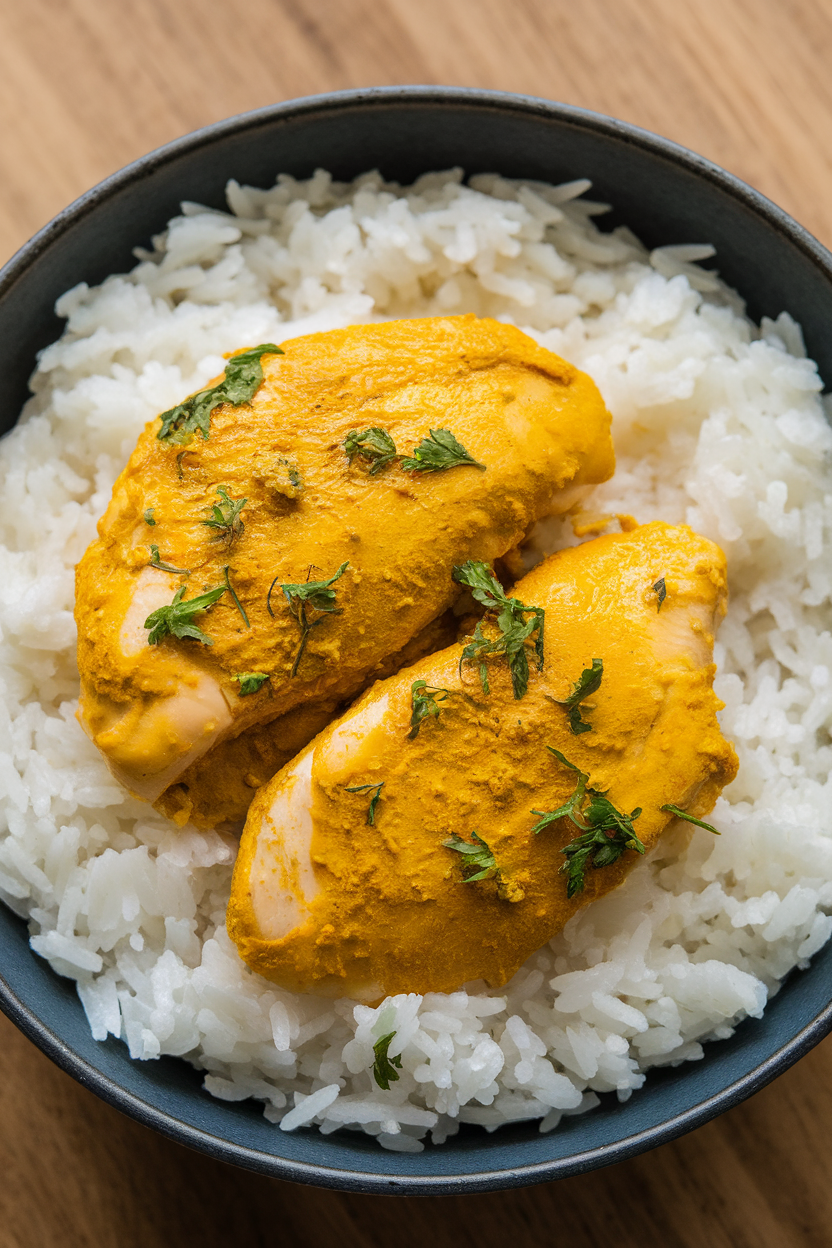 Indoor photo of bright yellow garlic turmeric chicken breast pieces on a white bowl of rice; neutral daylight-style indoor lighting, no text or logos