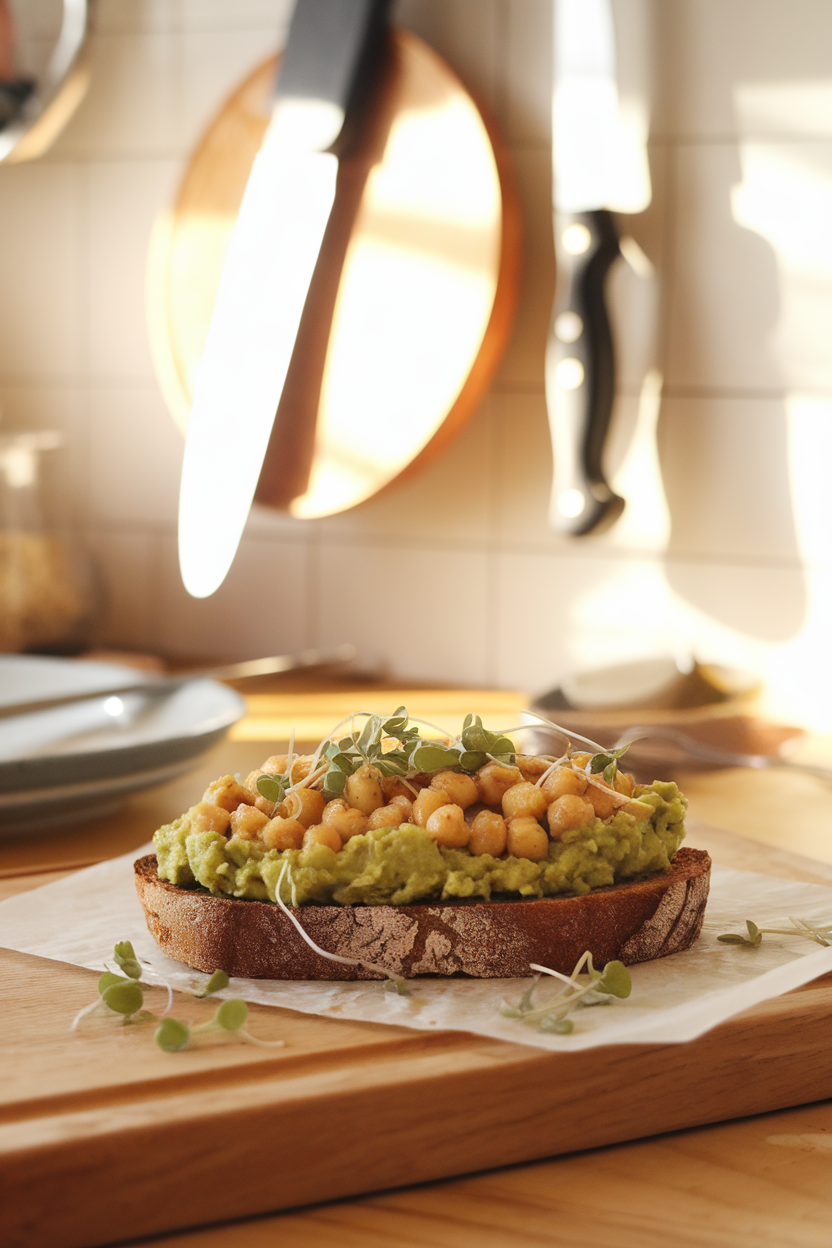 A warmly lit indoor kitchen counter featuring a slice of rustic toast topped with mashed avocado and a chunky lemon-pepper chickpea mixture, garnished with micro-greens. Photo only, no text or logos.