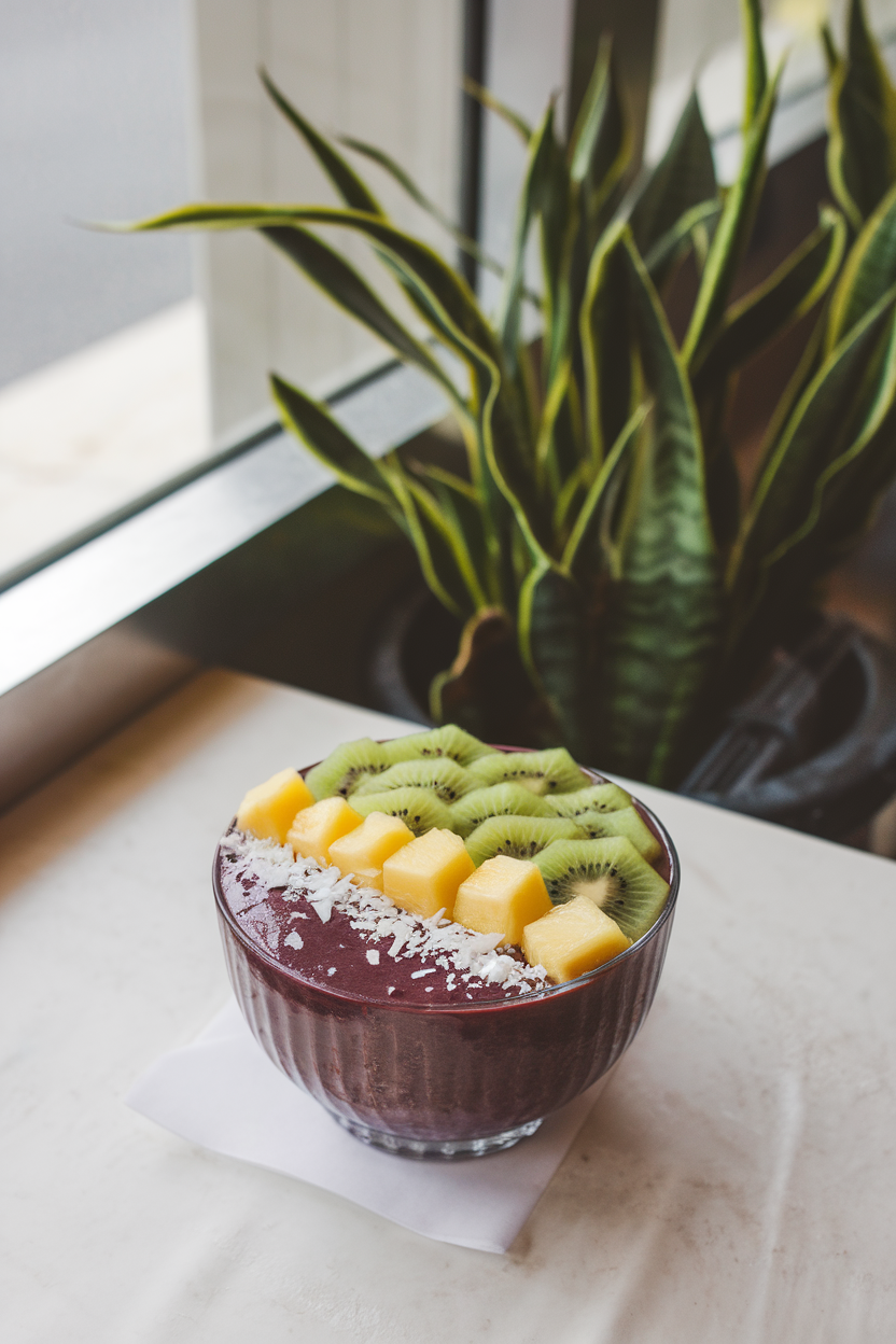 Photo of a thick acai bowl topped with sliced kiwi, pineapple chunks, and coconut flakes on an indoor café table. No text or logos.