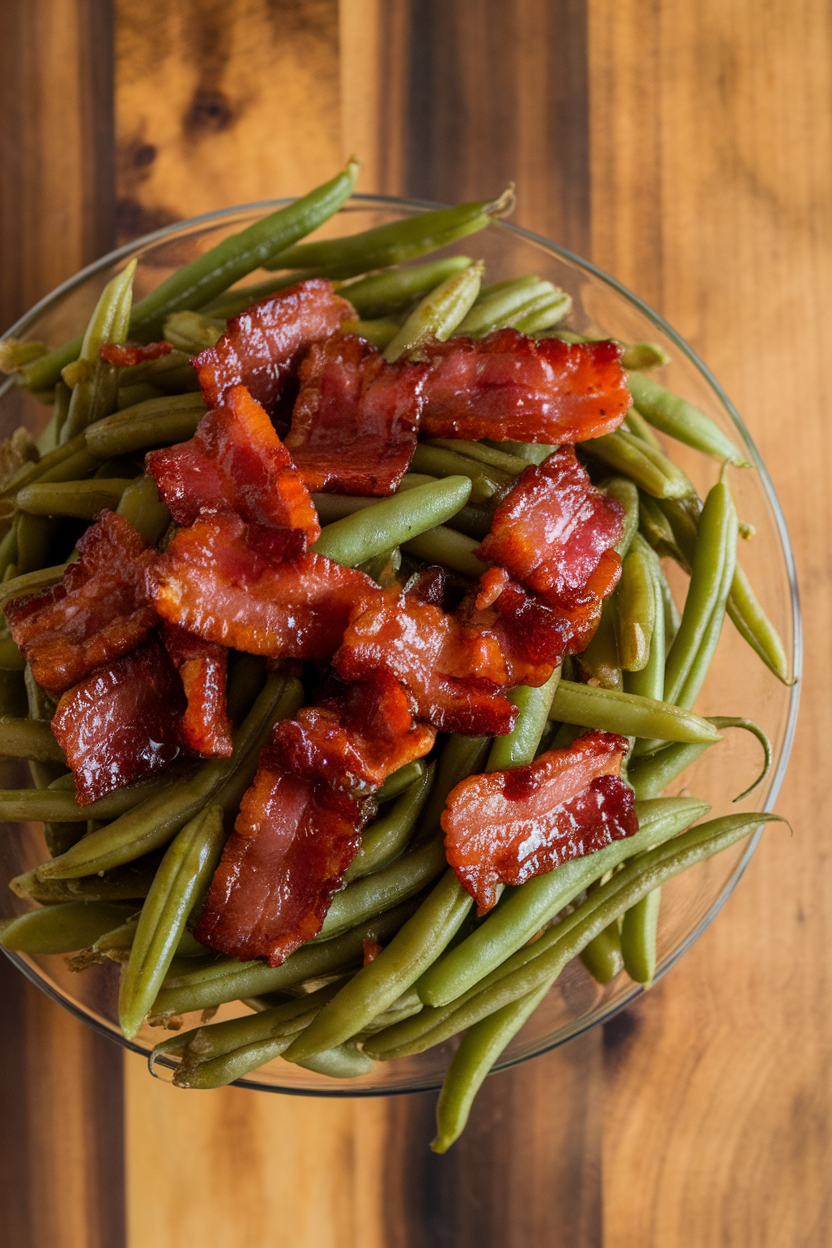 An indoor serving dish of green beans tossed with maple-glazed bacon pieces, no text or logos. Photo.</Prompt