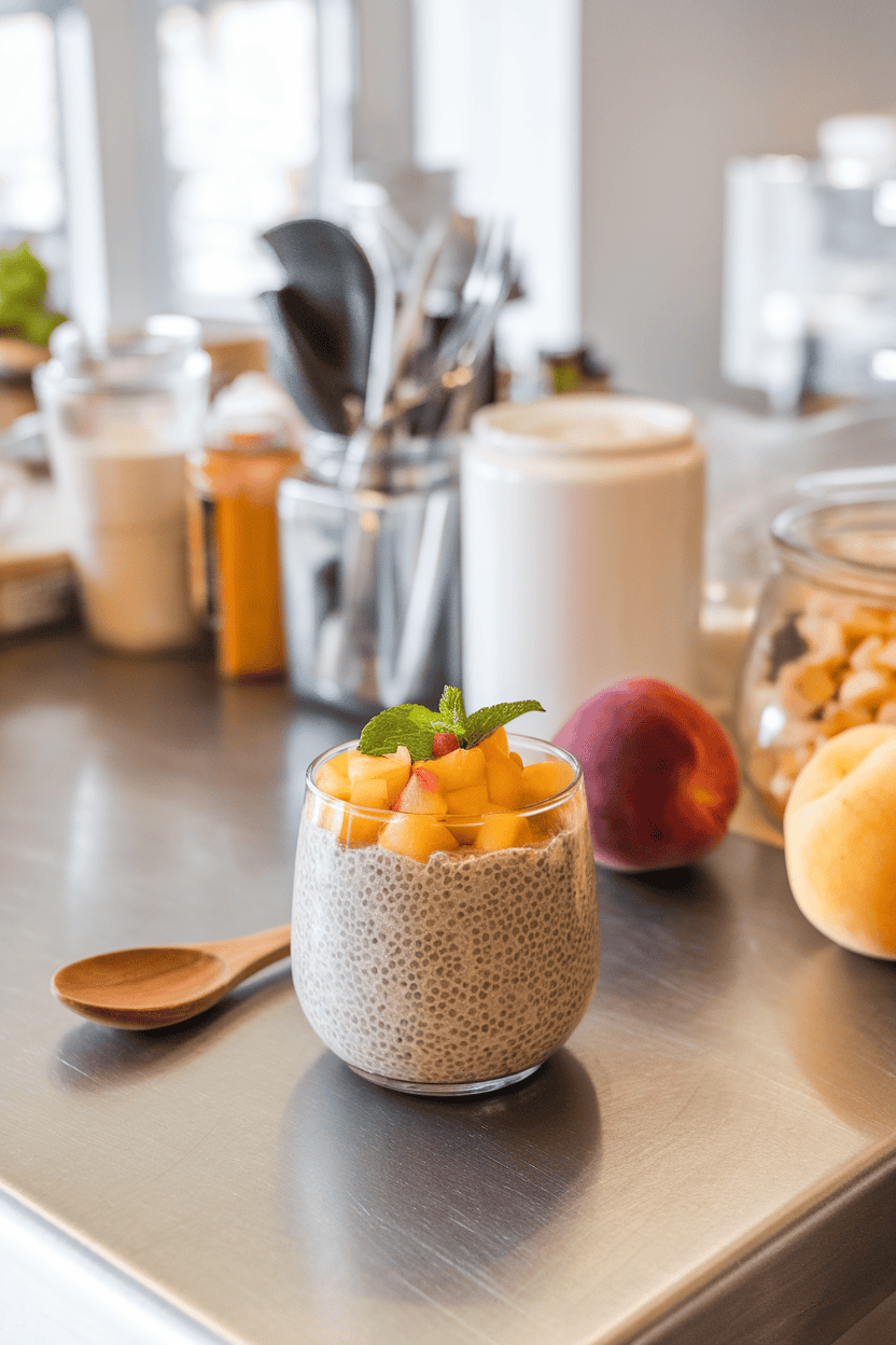 Indoor breakfast bar with a glass cup of chia pudding topped with diced peaches and mint leaves, no text