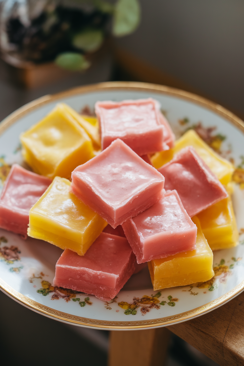 Photo of indoor plate featuring unwrapped pink and yellow chewy fruit squares with subtle shine, no branding