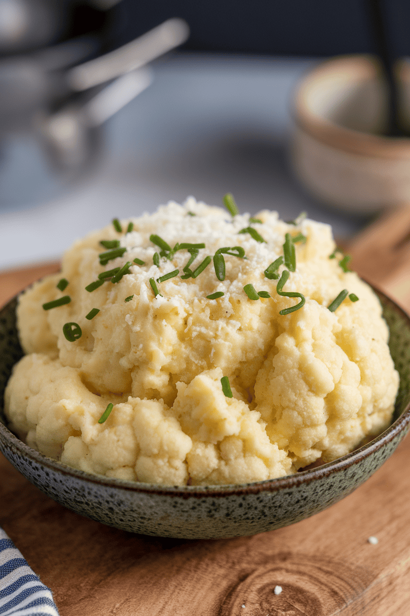 An indoor bowl of creamy mashed cauliflower topped with grated Parmesan and chives, no text or logos.