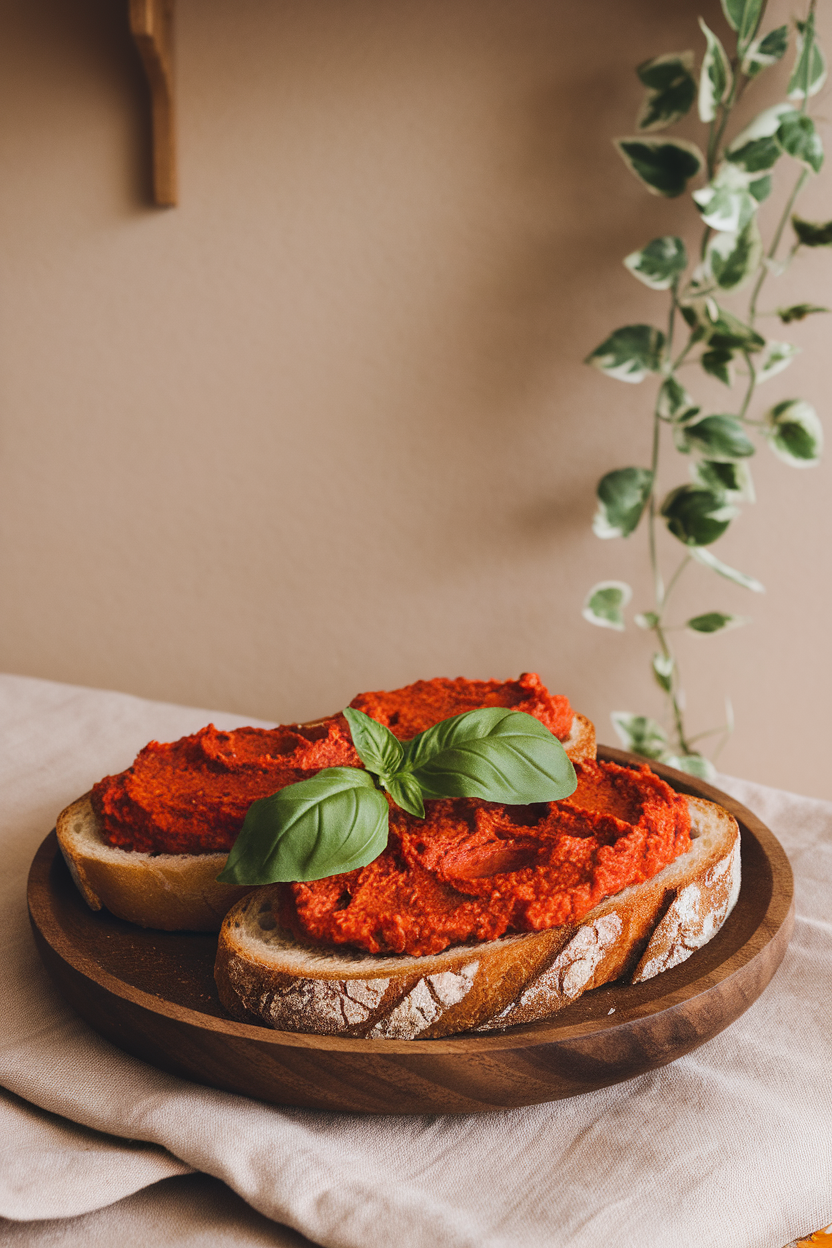 Photo of toasted bread slices topped with thick red pepper spread, basil garnish, indoor scene. No text or logos.
