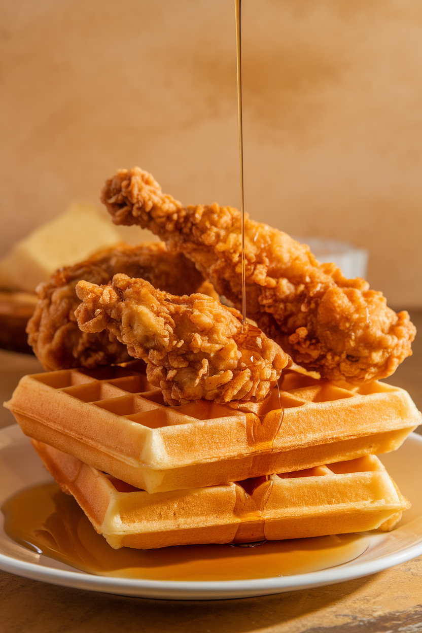 Plate of crispy fried chicken atop fluffy waffles drizzled with syrup, photographed indoors. No text or logos. Photo.
