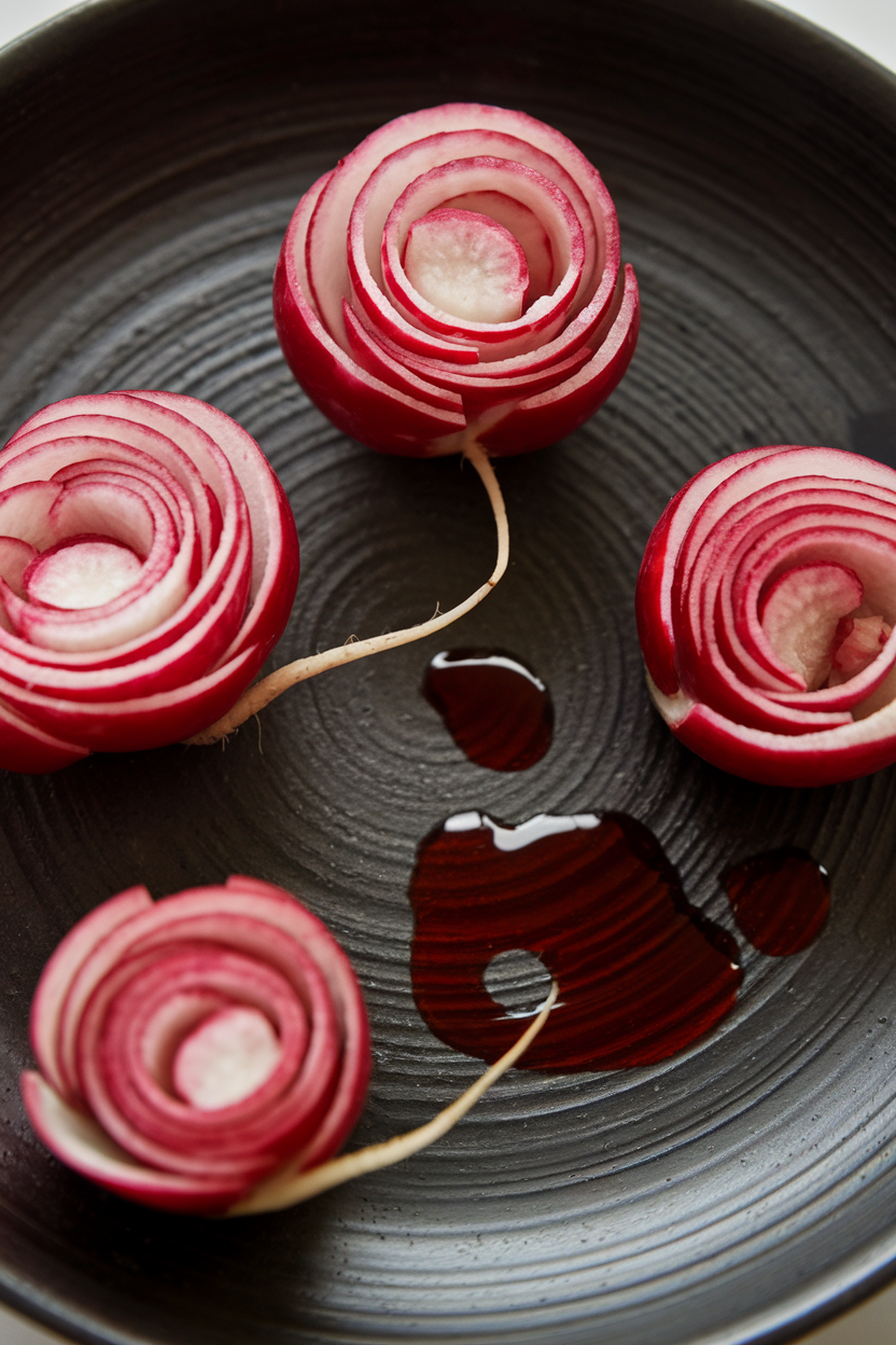 Indoor photo of halved red radishes carved into rose shapes with thin white streaks, placed on a black ceramic plate, a drizzle of pomegranate molasses resembling blood drops nearby. No text or logos.
