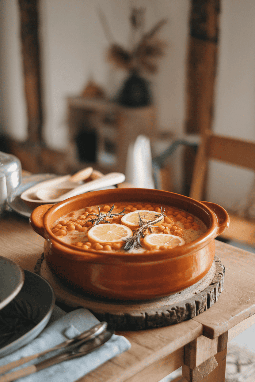 Photo of an indoor farmhouse table displaying a clay pot of creamy chickpea stew with lemon slices on top and sprigs of rosemary, no text or logos.
