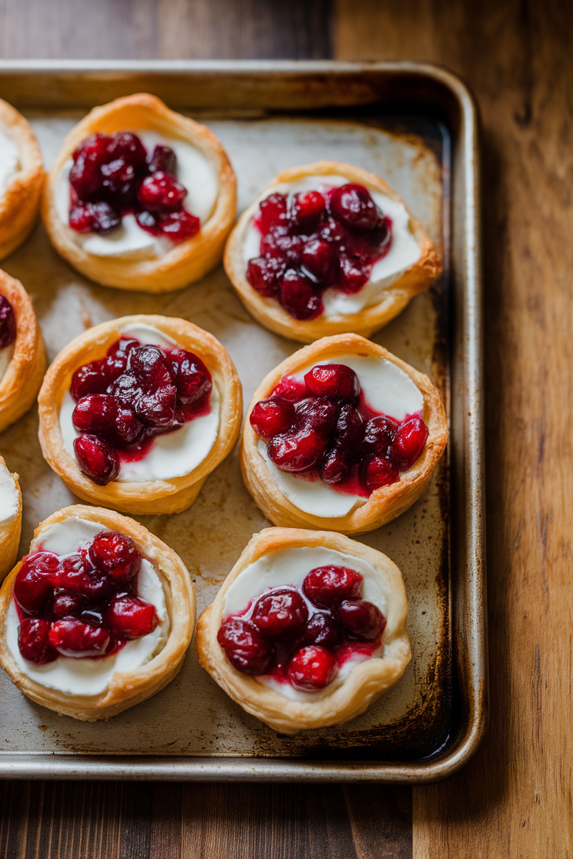 An indoor baking sheet of puff pastry cups holding melted brie and cranberry sauce, no text or logos. Photo.</Prompt