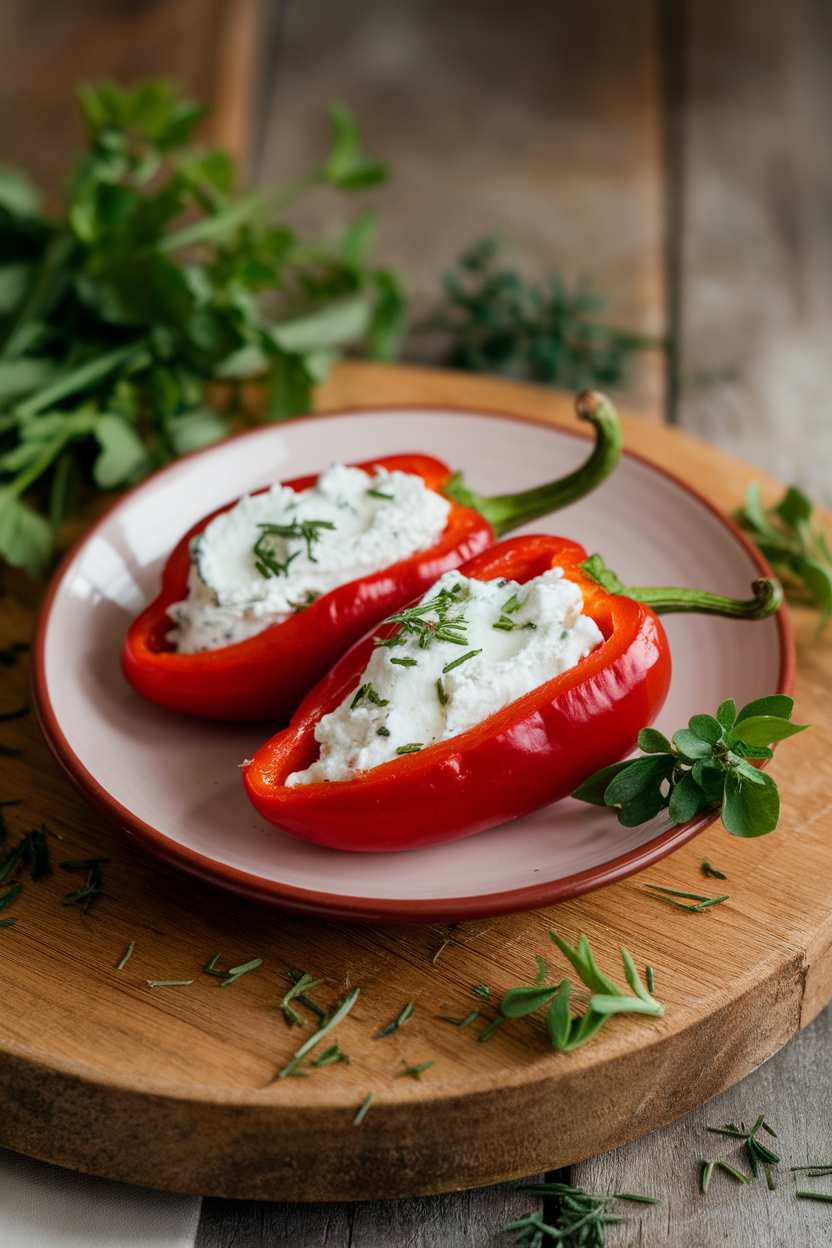 A small indoor plate holding glossy red peppadew peppers stuffed with white herbed goat cheese, herbs scattered around. No text or logos. Photo only.