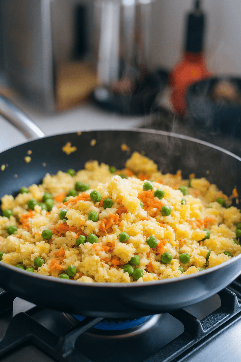 Indoor stovetop shot of a sauté pan filled with yellow cauliflower rice mixed with peas and carrot bits, steam rising, no logos