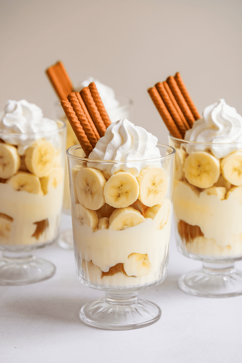 Indoor photo of glass parfait cups with layers of vanilla pudding, sliced bananas, and vanilla wafers, topped with whipped cream, no text or logos