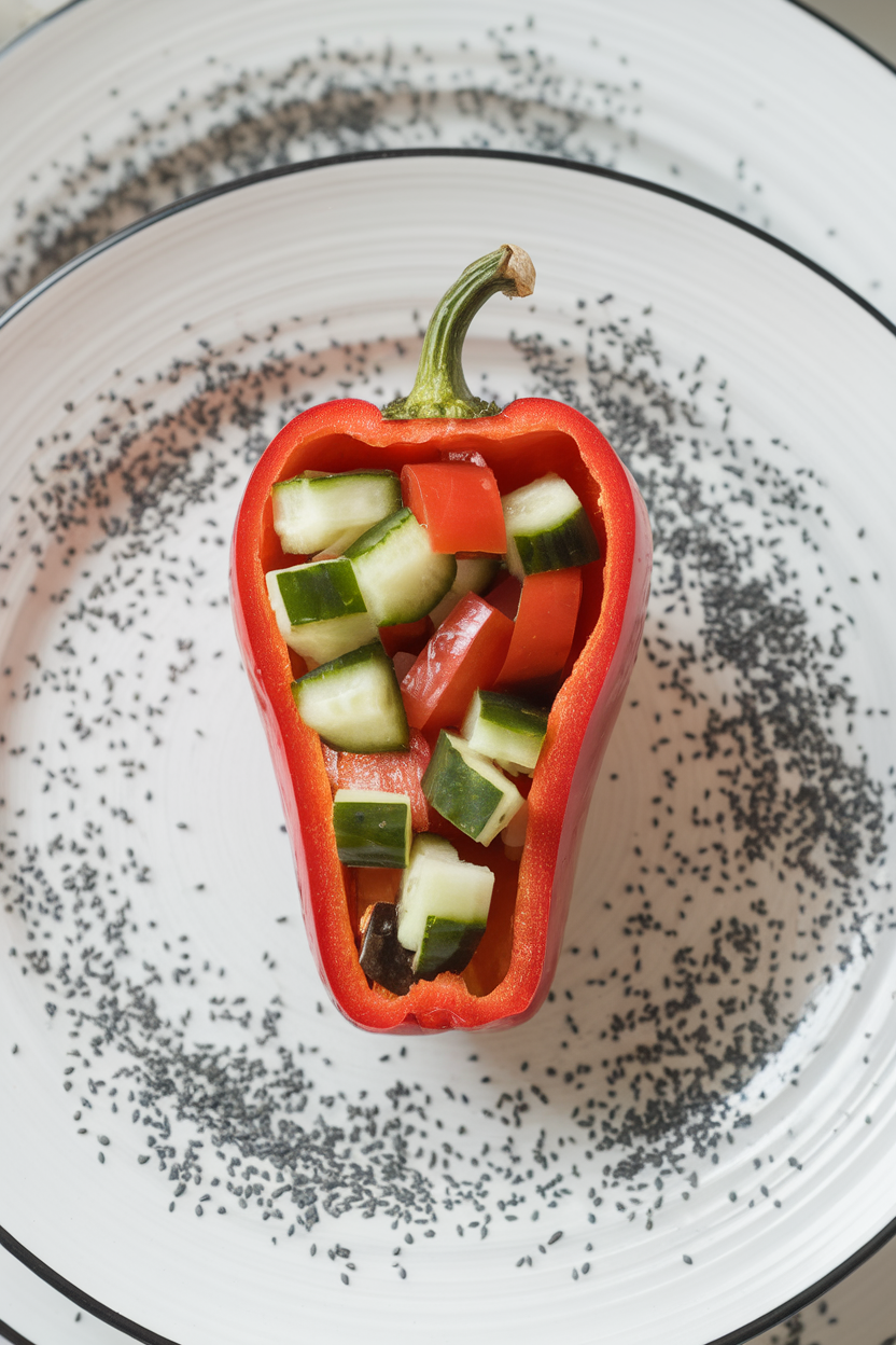 Indoor photo of a hollowed red bell pepper carved into a coffin shape, filled with diced cucumber and tomato salad, set on a white plate sprinkled with black sesame seeds. No text or logos.