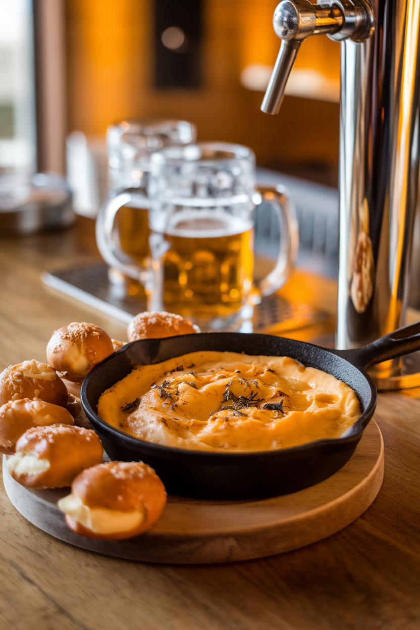An indoor bar setting with a mini cast-iron skillet of bubbling golden beer cheese dip, soft pretzel bites on the side. Photo, no text or logos.