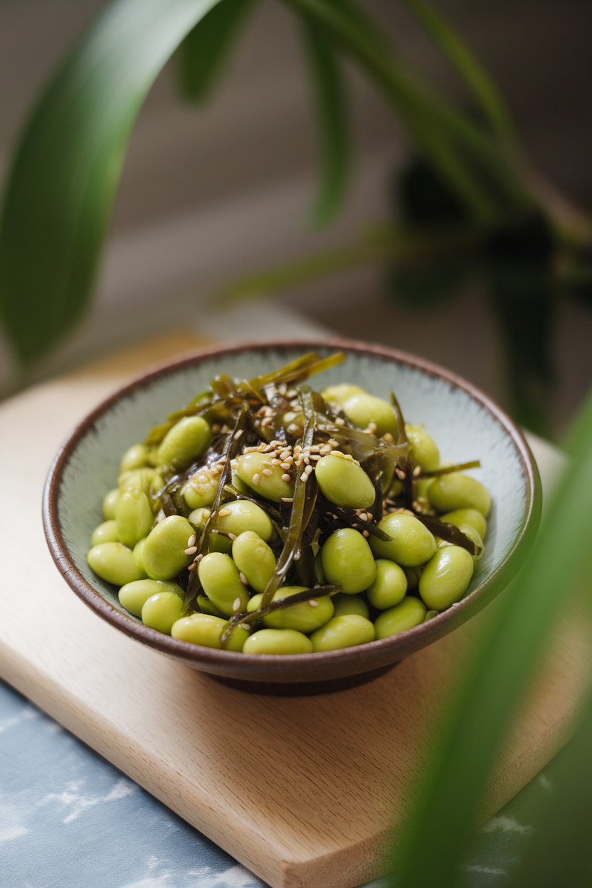 Indoor photo of a bowl of bright green shelled edamame mixed with thin strips of soaked wakame seaweed, dressed with sesame oil and sesame seeds. Diffused light, no text or logos.