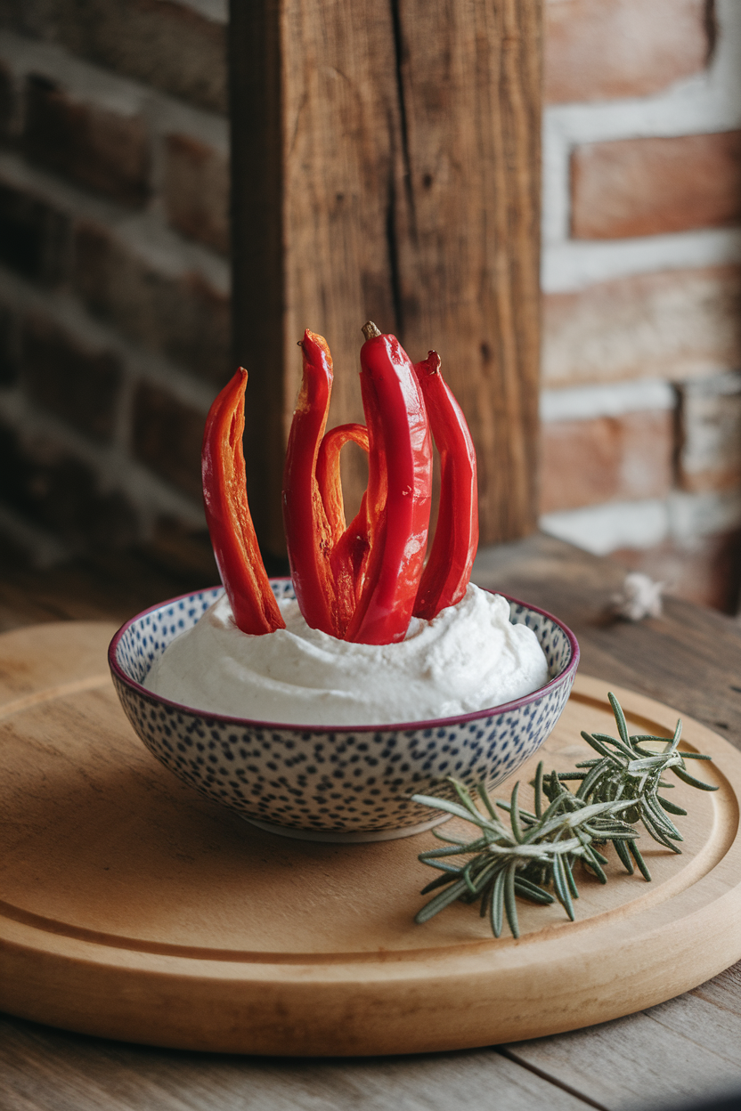 Photo of roasted red pepper strips standing upright in a bowl of whipped feta, resembling flames, indoor setting. No text or logos.