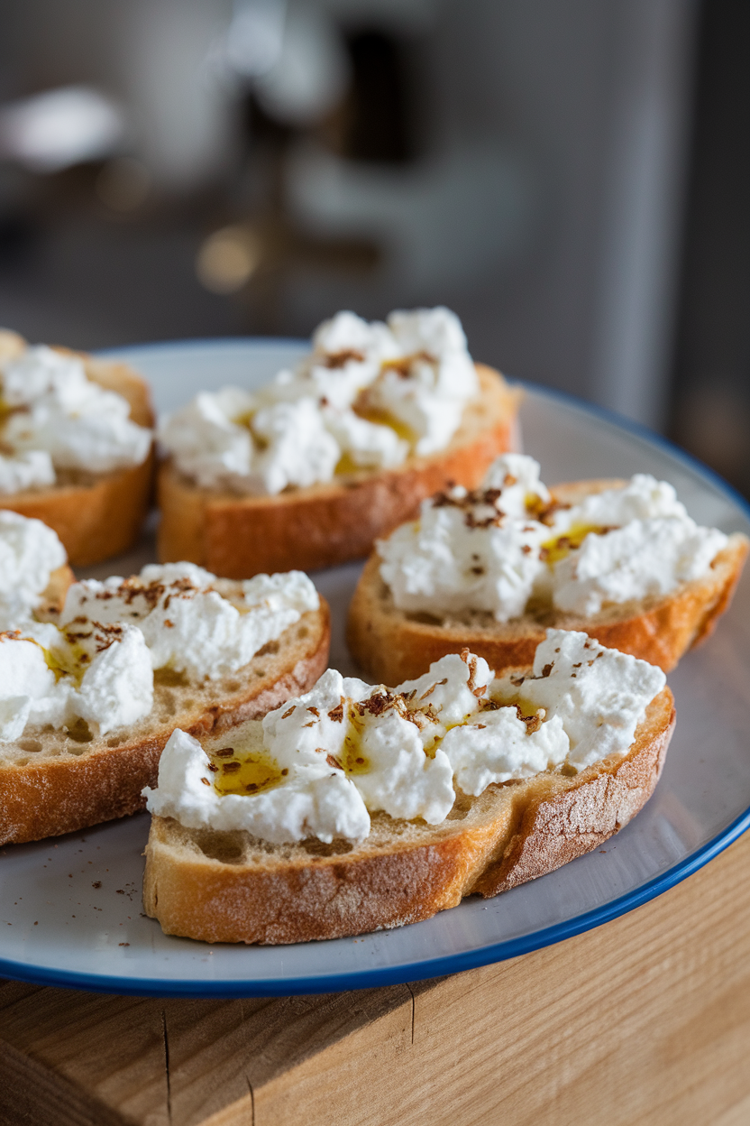 Indoor plate with toasted baguette slices topped with ricotta, garlic oil drizzle, and oregano flakes, edges crisp. No text or logos.