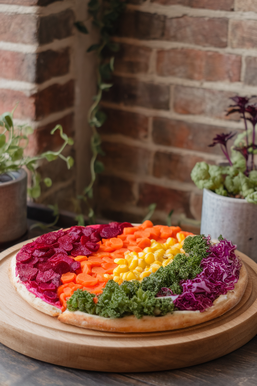 Indoor image of a half-moon pizza showing gradient veggie stripes—red beet, orange carrot, yellow corn, green kale, purple cabbage. Photo only, no text or logos.