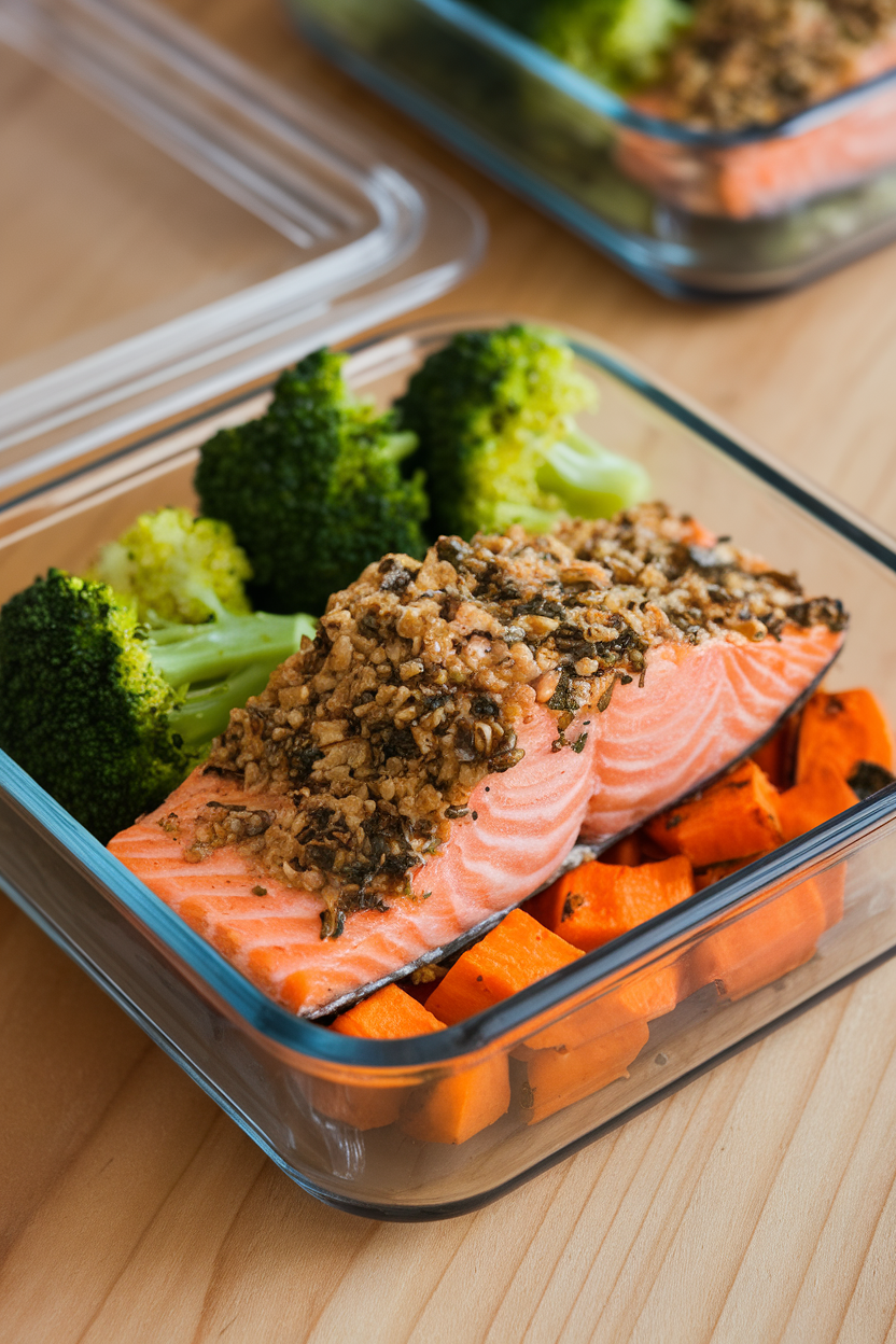 Indoor photo of a glass meal-prep container holding cooked salmon fillet with a herb crust, roasted sweet potato cubes, and steamed broccoli florets. No text or logos visible.