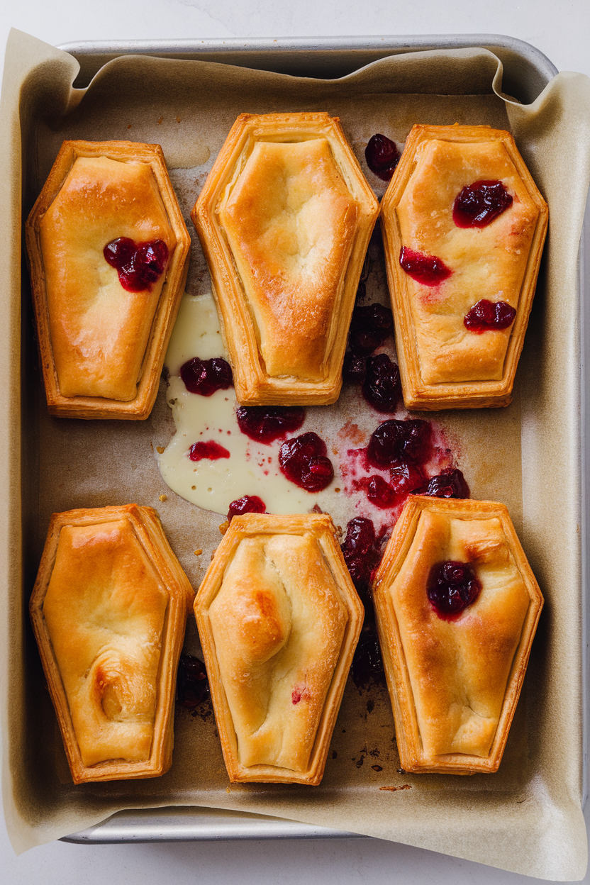 A parchment-lined indoor baking tray filled with golden puff pastry rectangles scored to look like coffins, oozing a hint of brie and cranberry jam. No text or logos. Photo, not illustration.