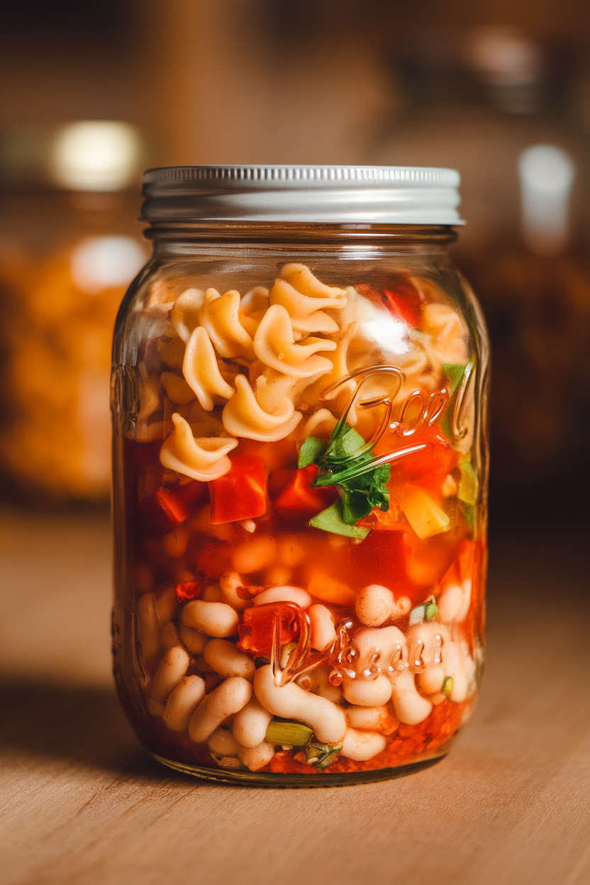 Photo of a mason jar indoors layered with cooked ditalini pasta, beans, diced veggies, and tomato broth, ready for reheating. No text or logos.