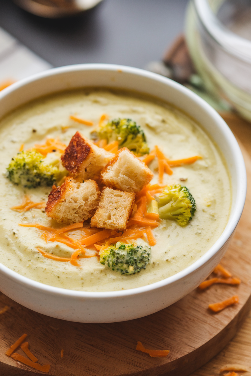 An indoor soup bowl of creamy broccoli cheddar soup with visible broccoli florets and a sprinkle of shredded cheese. No text or logos; photo only.