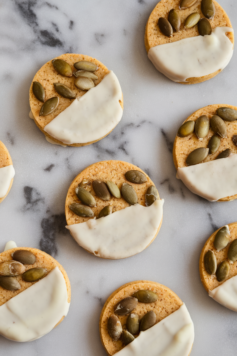 Indoor marble slab displaying thin florentine cookies dotted with pumpkin seeds and half-dipped in white chocolate. No text or logos. Photo only.