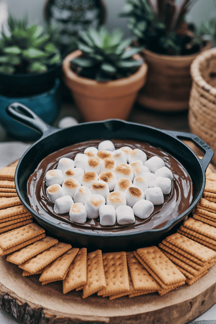 Indoor countertop with a cast-iron skillet filled with melted chocolate and toasted marshmallows on top, graham crackers arranged around. No text or logos visible. Photo, not illustration.