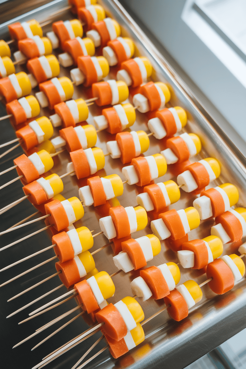 A brightly lit indoor serving tray with rows of small skewers layered with yellow tomato, orange cheddar cubes, and white mozzarella to resemble candy corn. Overhead photo, no text or logos.